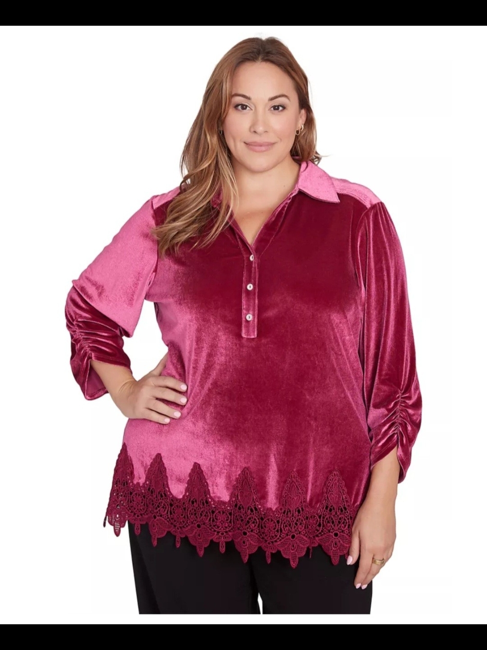 Ruby Rd. Two-Tone Velvet Button-Front Top in Berry Pink and Pink #0318